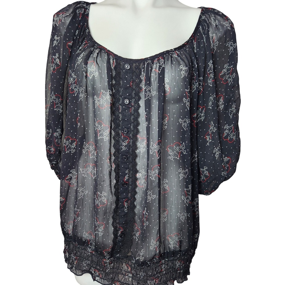 Y2k Vintage Torrid Sheer Black Blouse hearts & doves Valentines Day Size‎ 2X